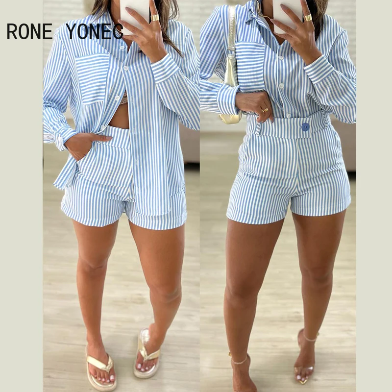 Women Tun Down Collar Striped Long Sleeves Button Spring&autumn Short Sets