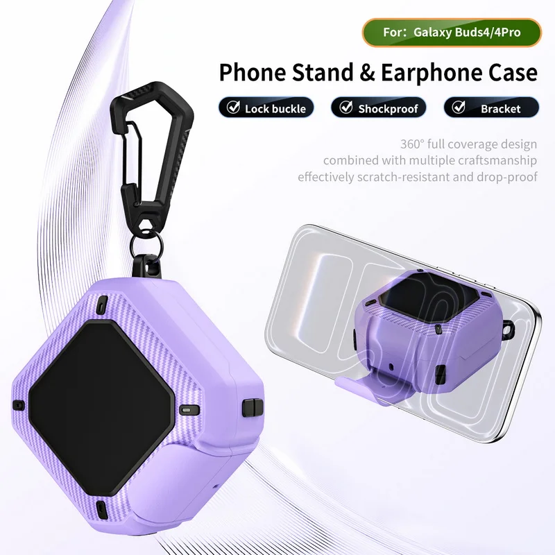Earphone Case For Samsung Galaxy Buds 4/Buds 4 Pro Carbon Fibre Texture With Carabiner Security Lock Stand TPU PC Portable Cover