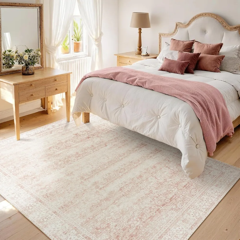 

Light Pink Bedroom Rugs 6x9 Aesthetic Cute Boho Floral Feminine Soft Faux Wool Machine Washable Carpet Area Rugs for Kids Room P