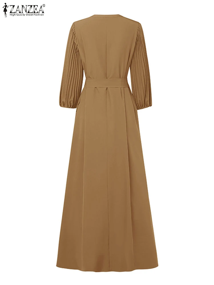 Elegante Maxi Vestito ZANZEA 2025 Donne di Estate 3/4 Manica Solido Pieghettato Con Scollo A V Lungo Vestito Estivo Cintura Casual Allentato Del Partito Abiti Robe