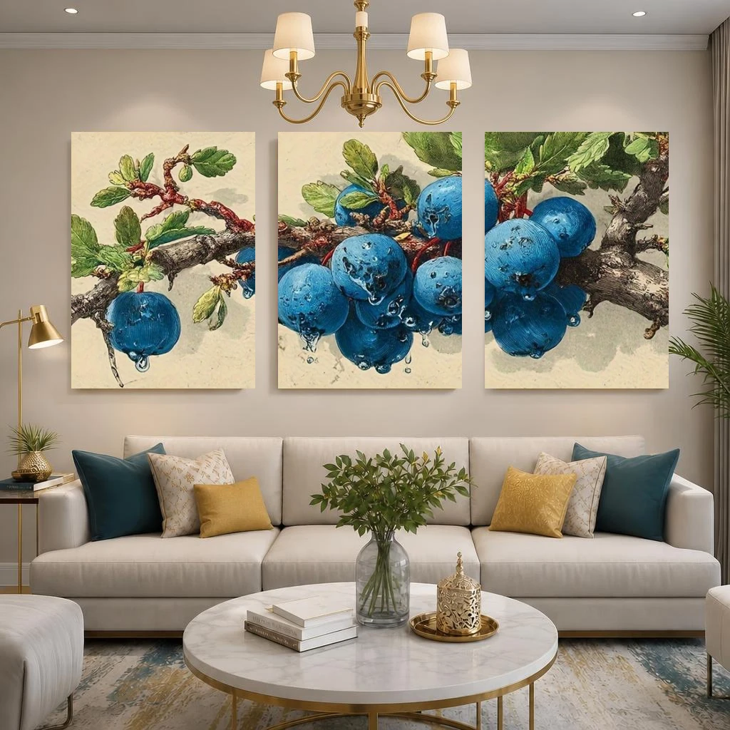 2D Flat, 2D Flat, 3pcs Modern Minimalist Blueberries with Dewdrops And Green Leaves Wall Art, Frameless No Frame Print, Livin