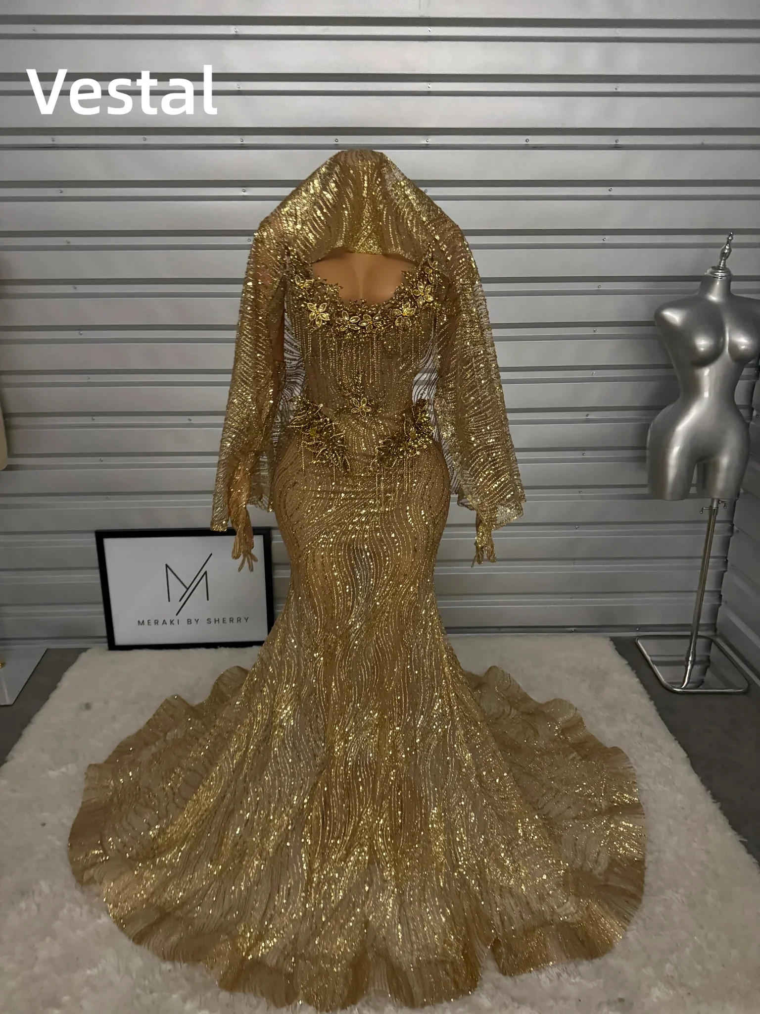 Vestal Stunning Gold Glitter Mermaid Prom Dress With Cape Sheer Neck Beaded Fringe Formal Evening Gown Customized