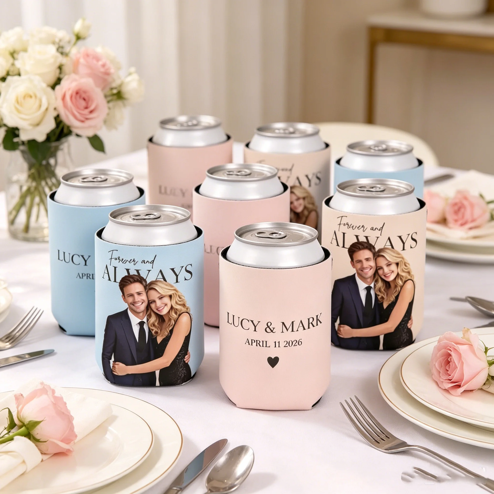 10/20/30 piezas Enfriador de latas personalizado para bodas, Koozie con foto personalizada, Funda para bebidas personalizada, Enfriador de latas para despedida de soltera, Personalizado