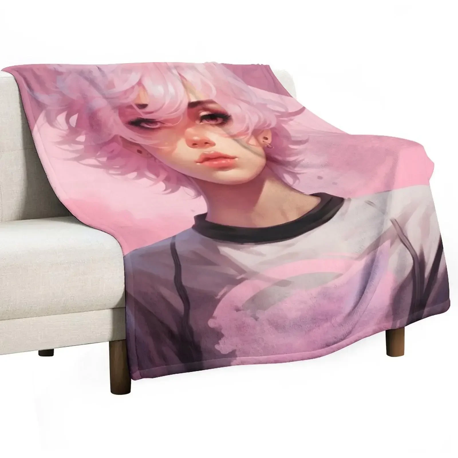 Femboy Pastelgoth Pink Boi Anime Character Throw Blanket Cute for babies Hair Plaid Blankets