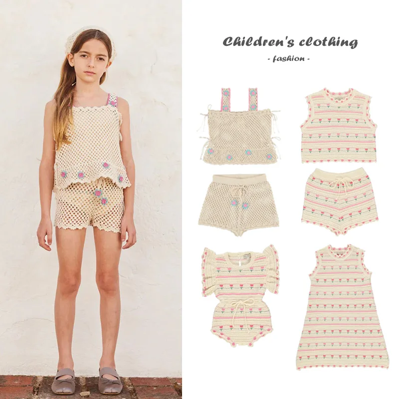 

Luxury Knitted Dress Girl Clothes 2025 Summer New Flower Knitted Hollow Top Shorts Set Baby Girl Cotton Children's Clothing