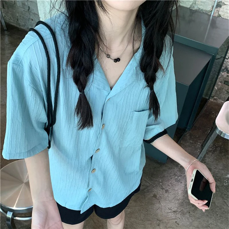 

Летняя повседневная корейская мода Свободные пуговицы Однобортный однотонный с коротким рукавом Молодежный Яркий Яркий Легко закрывается людям