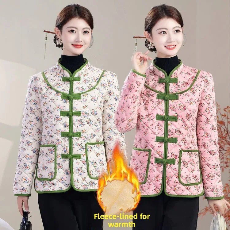 

Thiened Floral Print Cotton Jaet Winter Outerwear for Middle-Aged And ly Women Traditional Chinese Sle Fce-Line...