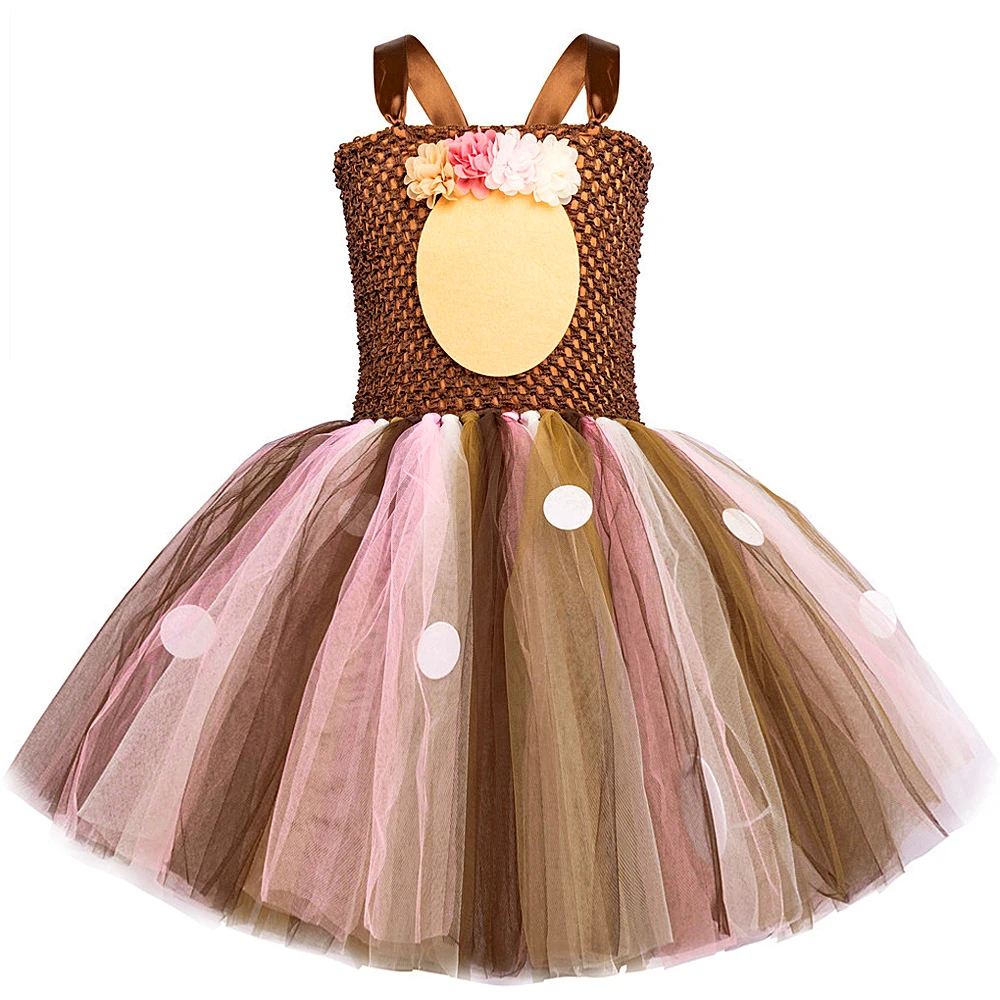 Pink Brown Bambi Costumes for Girls Christmas Reindeer Tutu Dress Kids Halloween Deer Outfits Children New Year Animal Clothes