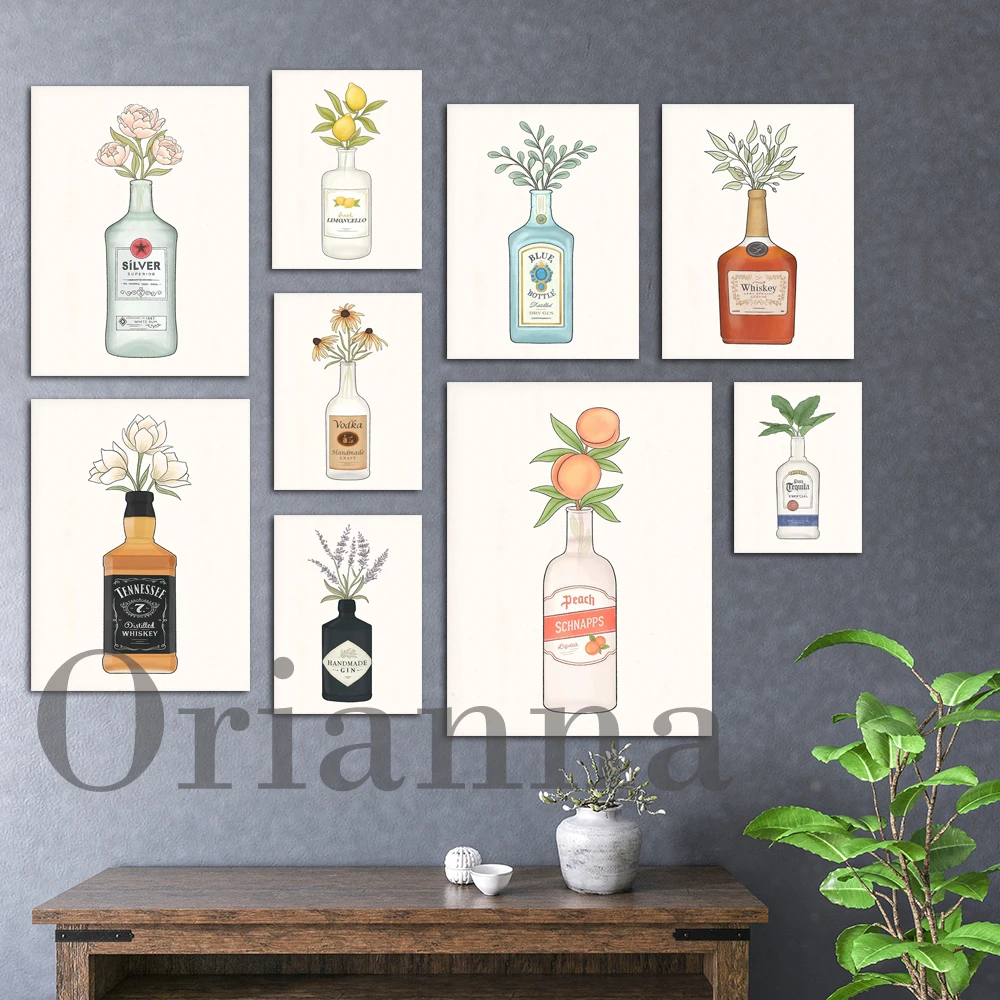 Tequila Vodka Liquor Rum Whiskey Gin & Flowers Oranges Lemon Peach Alcohol Wall Art Prints Posters Kitchen Bar Decor Painting