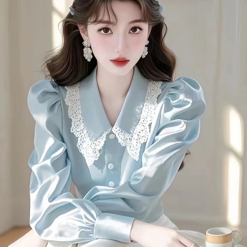 

Satin Women's Blouses Lace Patchwork Korean Shirts FASHION Loose Spring/Summer Casual Clothing Solid Long Sleeve Women Tops