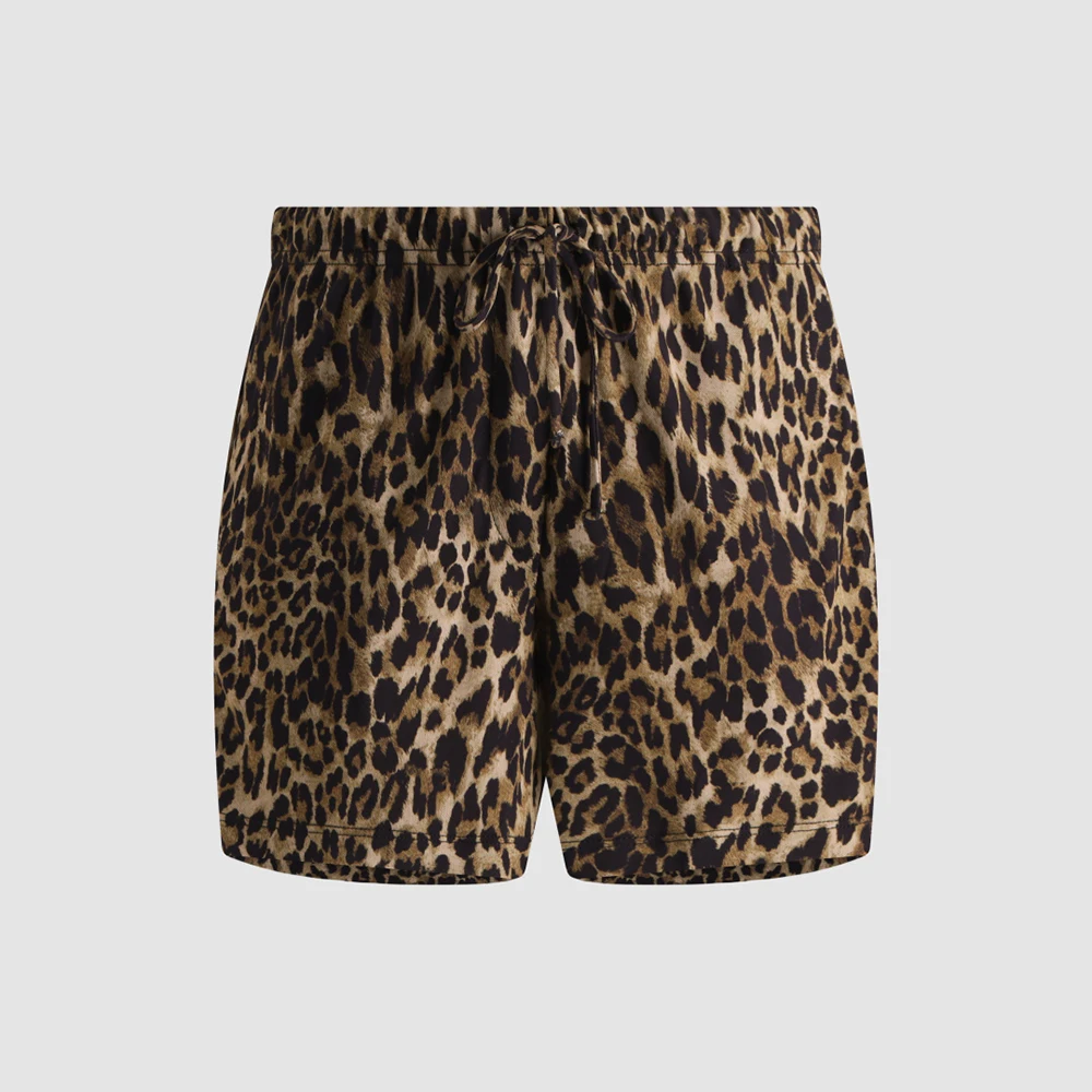 Ladies Summer Leopard Print Loose Shorts Elastic Drawstring Waist Casual Short Pants Streetwear Beach Vacation Lounge Wear Short
