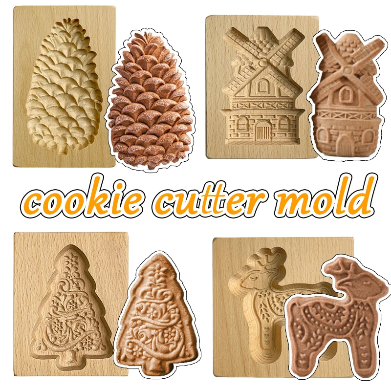 Wooden Cookie Molds for Christmas, DIY 3D Engraved Embossed Biscuit Gingerbread Cutter Moulds, Xmas Tree Reindeer Santa Claus