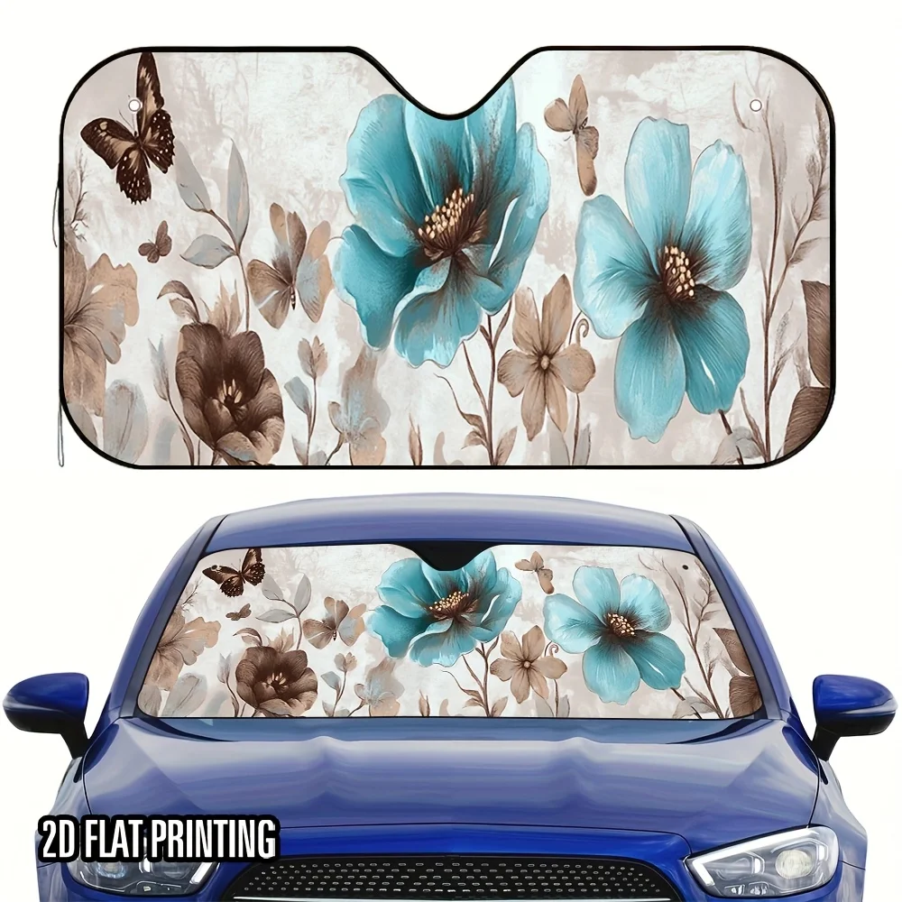 1pc Blue Floral Butterfly Print Car Sunshade - Stylish UV Protection & Heat Reduction, 4 Suction Cups, Foldable Design For Cars,