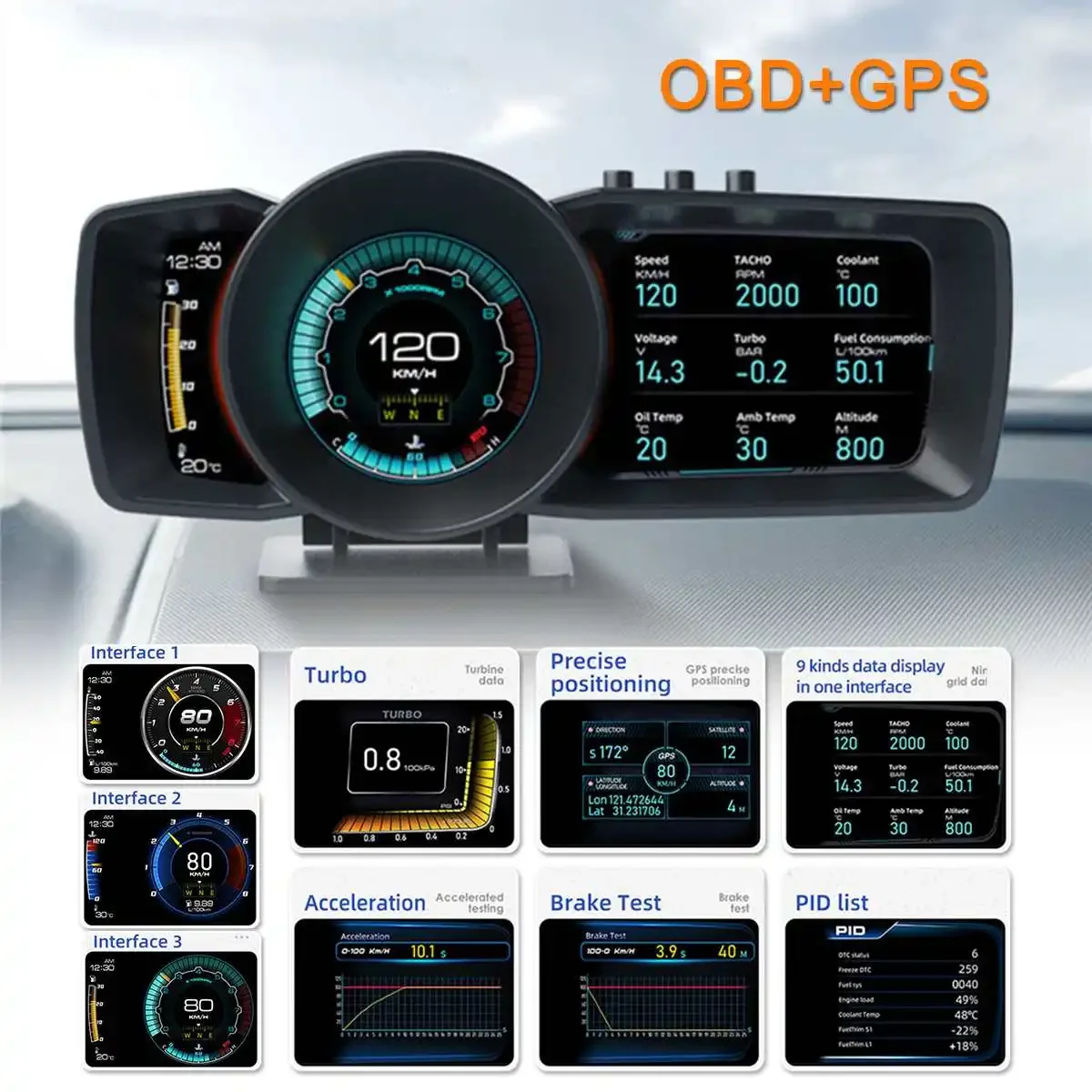 

OBD2 HUD Multi Gauge Boost Scan Head-Up Display Car Turbine Pressure Oil Temp Auto Gauge Alarm System On-Board Computer Body Kit