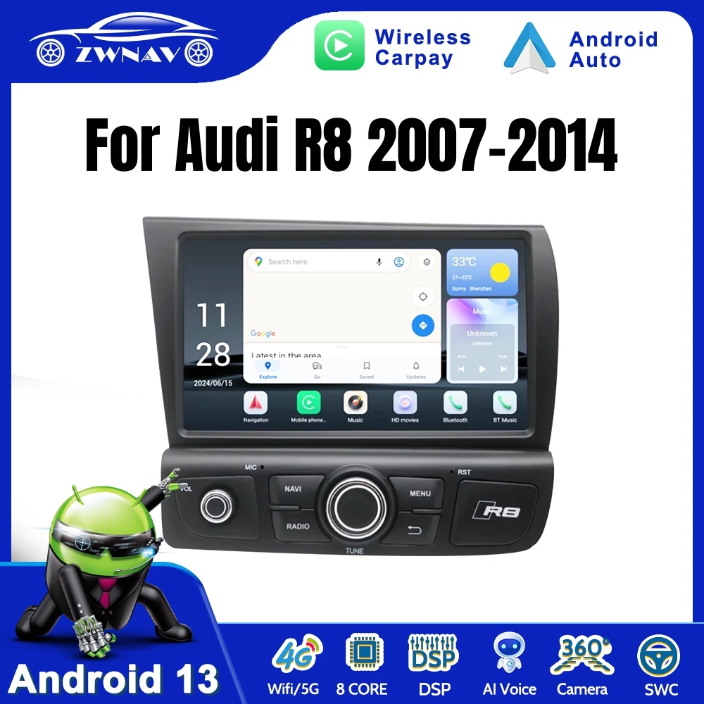 8 Inch Car Radio For Audi R8 2007-2015 LHD/RHD Wireless Carplay Android Auto Multimedia Player GPS Navig DSP Stereo Head Unit