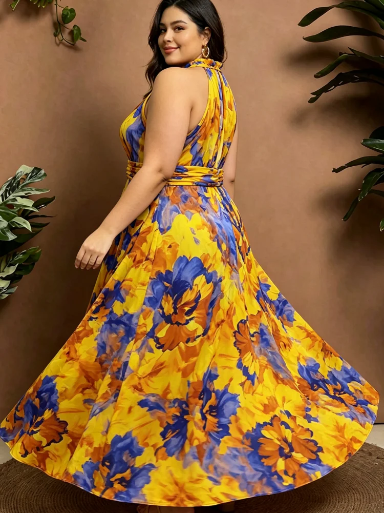 Plus-Size Damenkleid mit Print, schulterfrei, ärmellos, mit plissierter Taille und Schlitz, langes Kleid für Sommer-Strandpartys – Detail 5