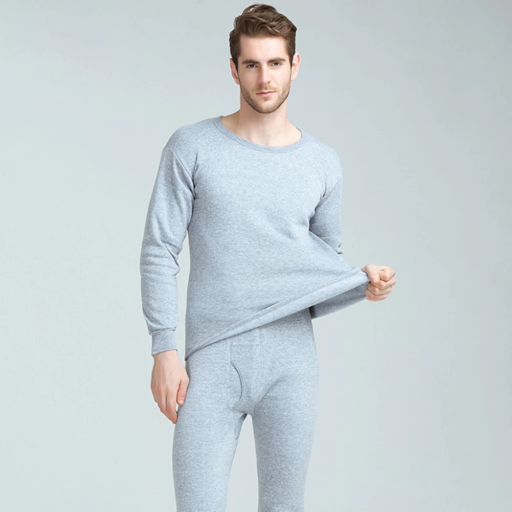 2023 Men Winter Thermal Underwear Set Seamless Solid Color Long Johns Suit Male Warm Round Neck Tops+Pants Long Trousers Suit