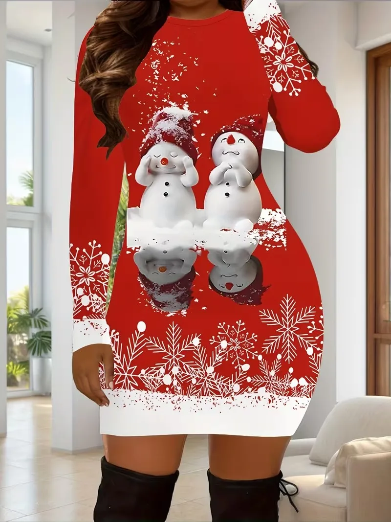 New Year's Christmas ladies' long sleeved tight fitting dress, 3D exquisite printed cute and sweet party women's clothing