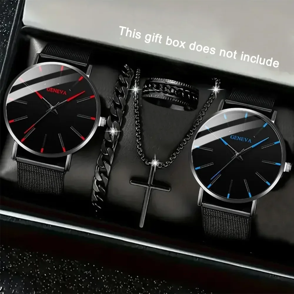 Streetwear Black Men Watch Jewelry 5 In 1 Set Red Blue Scale Dial Mesh Watch Cross Pendant Chain Bracelet Ring Gothic Male Gift