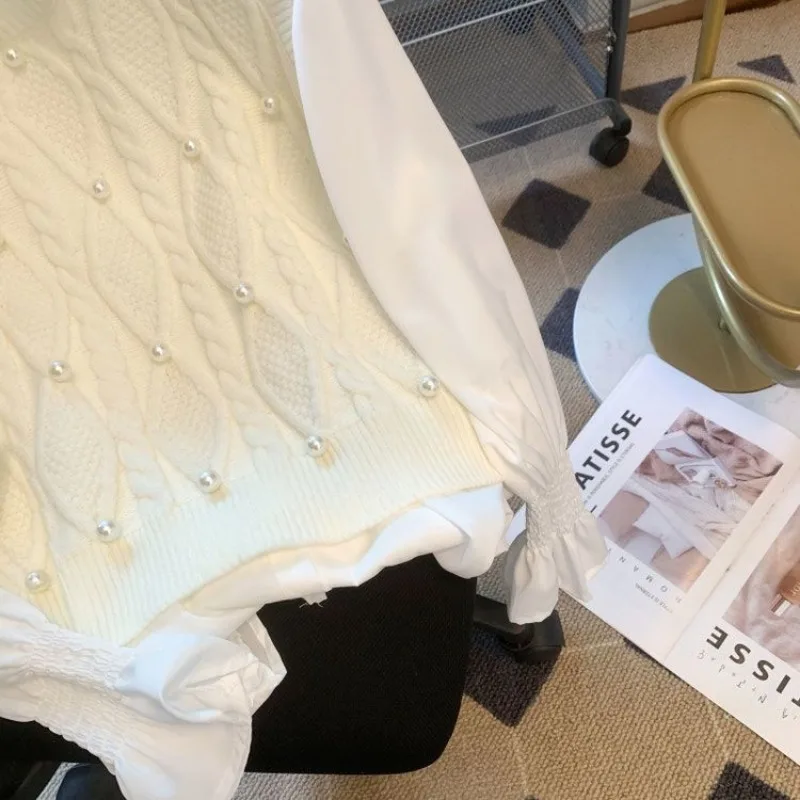 Franse zachte stijl zoet vest met kralen Vest dames lenteontwerp Premium poloshirt met klokmouwen, tweedelig pak