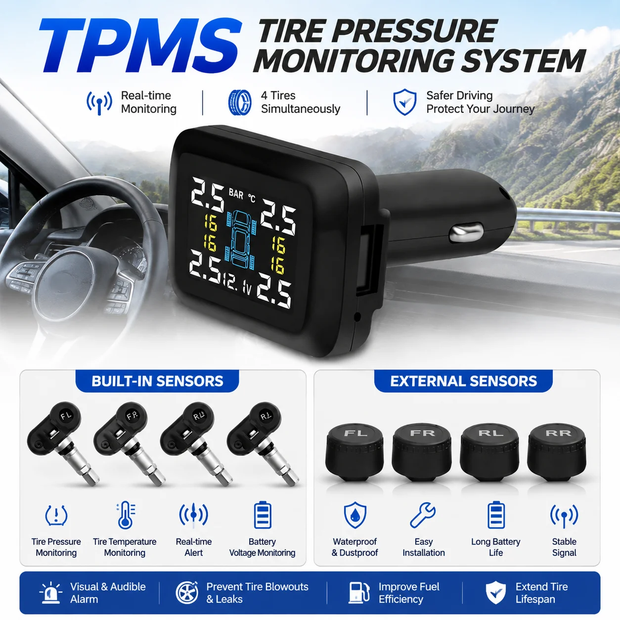 Cigarette Lighter Car TPMS Tire Pressure Temperature Monitor, Tyre Pressure Alarm Gauge with 4 Sensors