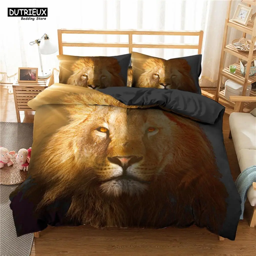 

3 - Pcs Strong Lions Tiger & Flame Wolf - Themed Bedding Set with Duvet Cover, Ideal for Kids & Women's Rose Room Decor