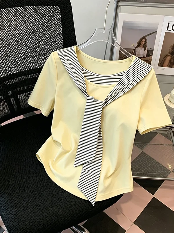 

plus Size Summer Casual Striped Patchwork Shoulder Young Looking Short Sleeve Women's Top Korean Style Breathable Skin-Friendly