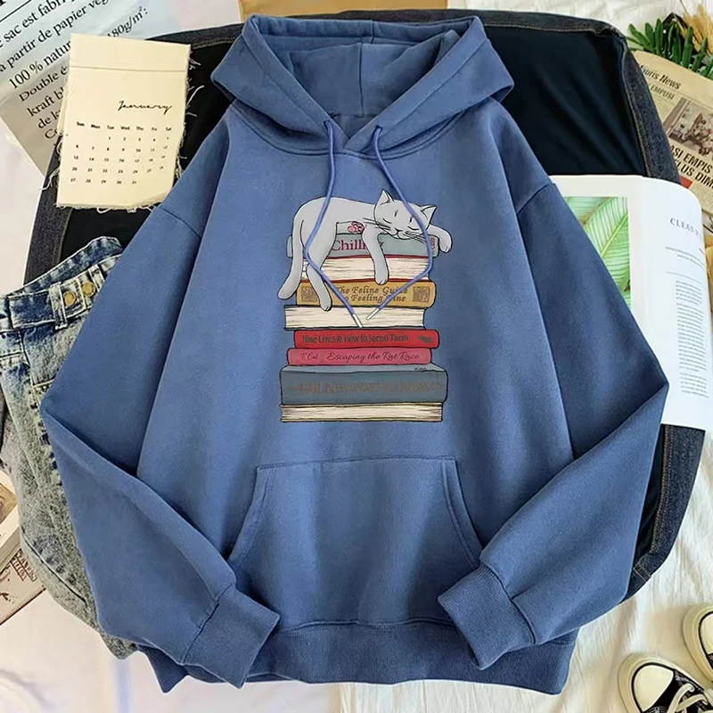 Women Hoody Cat Sleeping On The Book Cartoon Print Long Sleeve Famales Oversize Loose Casual O-Neck Warm Soft Fleece Hoodied Top