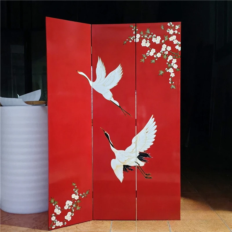 Hand painted red background white crane plum blossom picture Chinese style lacquer painting screen living room office tea room