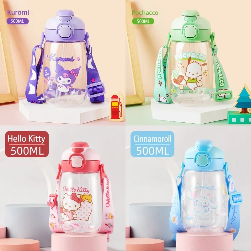 

500Ml Hello Kitty MINISO Kids Water Bottle Kawaii Kuromi Cinnamoroll Anime Lanyard Drinking Cup Outdoor Sippy Water Bottle