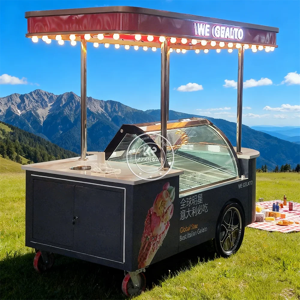 

Portable Custom Outdoor Ice Cream Cart Commercial Gelato Ice Cream Display Freezer Cart with Refrigerator