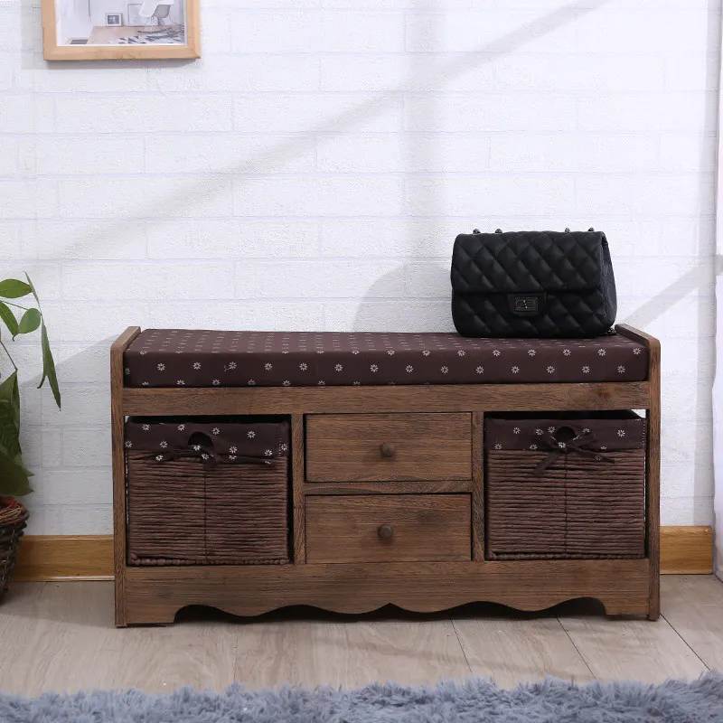 Pastoral storage sofa stool, storage stool, lengthened door stool, fully equipped bedroom solid wood stool