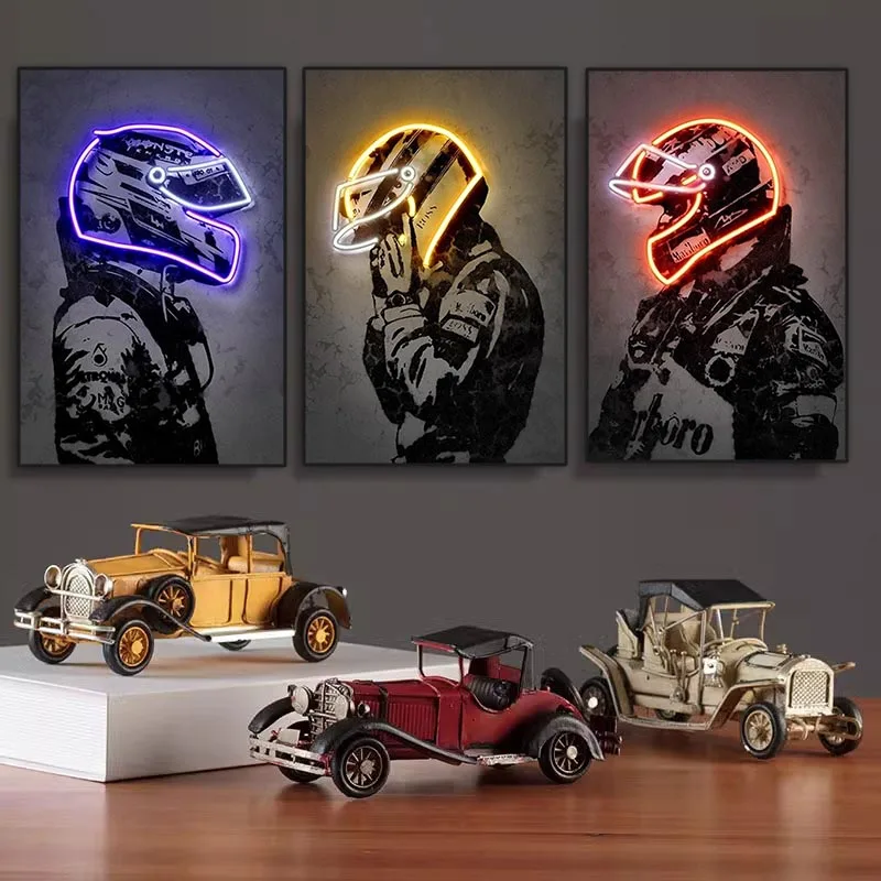 1PC frameless Racing Racer Poster Abstract Neon Helmet Print Canvas Painting Racing Car Wall Art Picture Home Decor Living Room