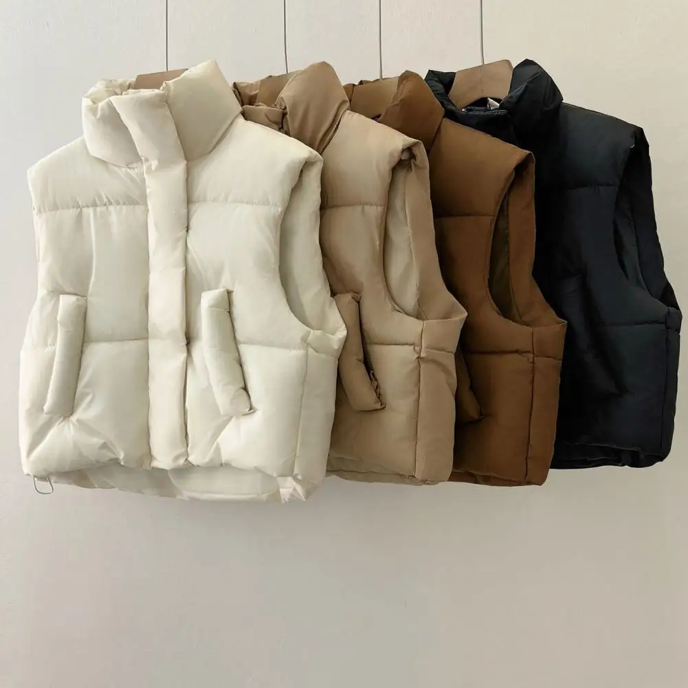 Winter Women Coat Stand Collar Zipper Closure Waistcoat Long Sleeves Pure Color Outerwear Windproof Heat Retention Padded Jacket