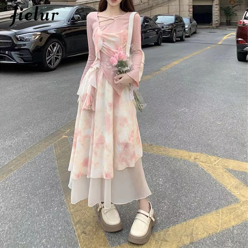 Jielur Spring Fashion Sweet Women Irregular Dress Retro Panel Long Sleeved Top Fragmented Flower Half Skirt Two Piece Set Dress