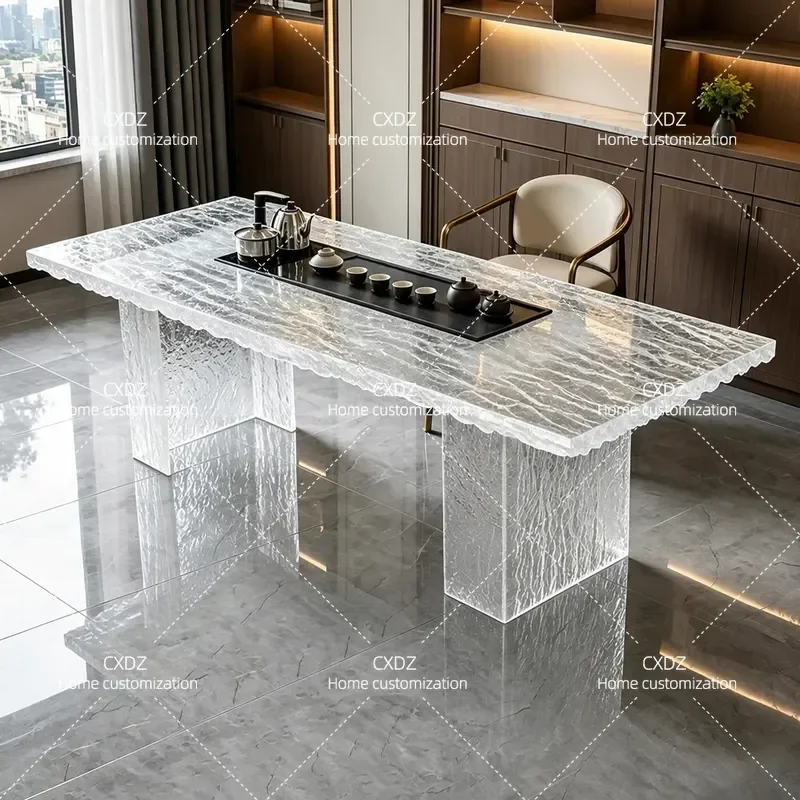 Transparent Ice Pattern Resin Tea Table Light Luxury Modern Office Living Room Large Water Ripple Kung Fu Tea Table Household