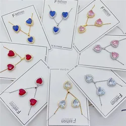 Light Luxury Heart Zircon Jewelry Sets Trendy Geometric Stud Earring Pendant Necklace Stainless Steel Choker For Women Girls