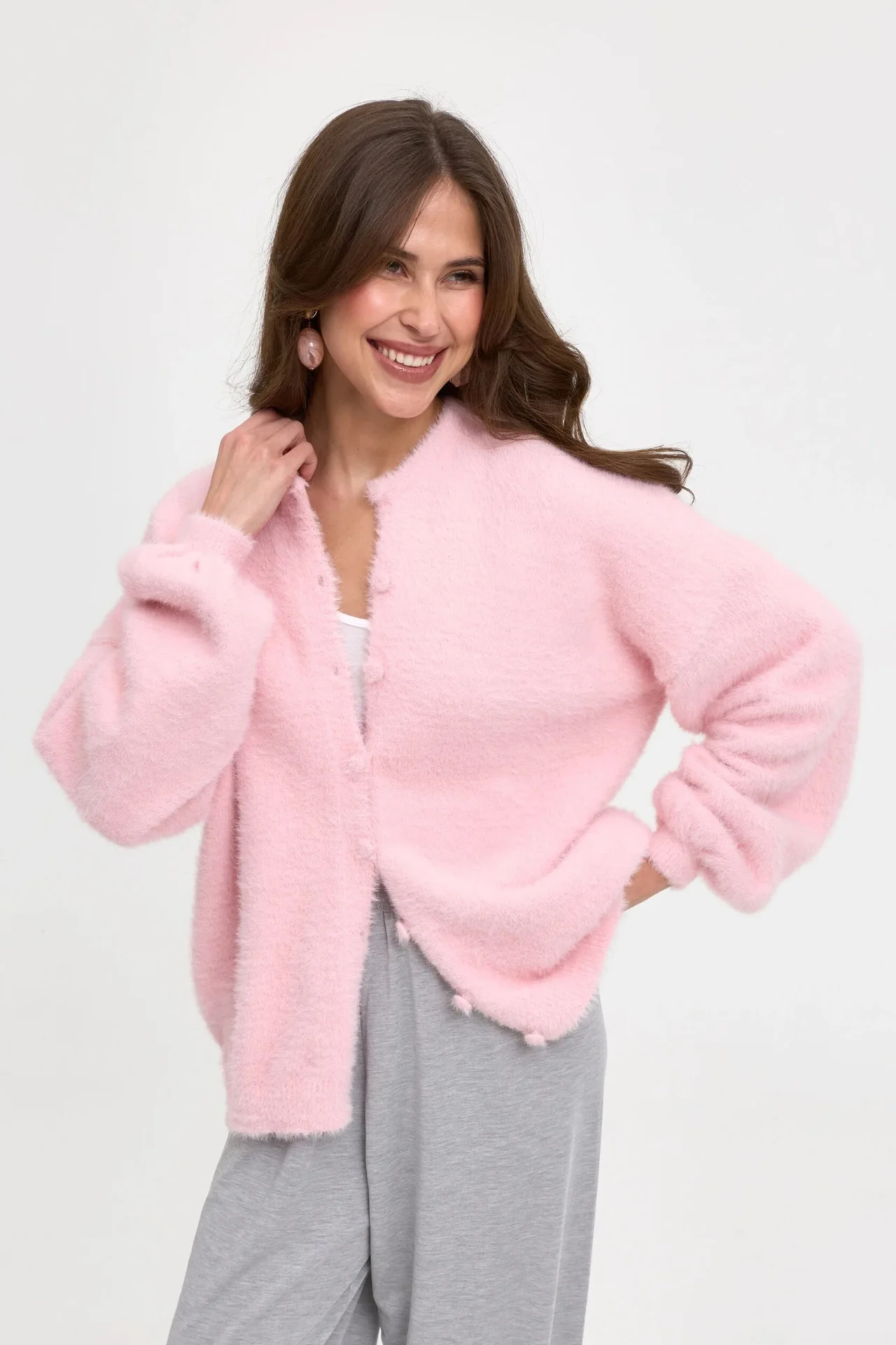 2026 New European and American Round Neck Imitation Mink Fur Cardigan Women's Loose and Soft Knitted Jacket Versatile Sweater
