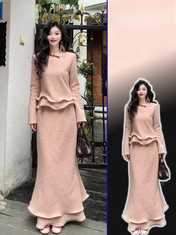 

Весенне-осенний комплект из топа и юбки с высокой талией, облегающего кроя, с кружевным дизайном, больших размеров, универсальный, модный, женский, из двух предметов.