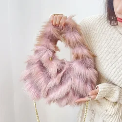 Winter Fashion Faux Fur Women's Shoulder Bags Contrast Color Portable Ladies Furry Crossbody Bag Vintage Female Plush Handbags