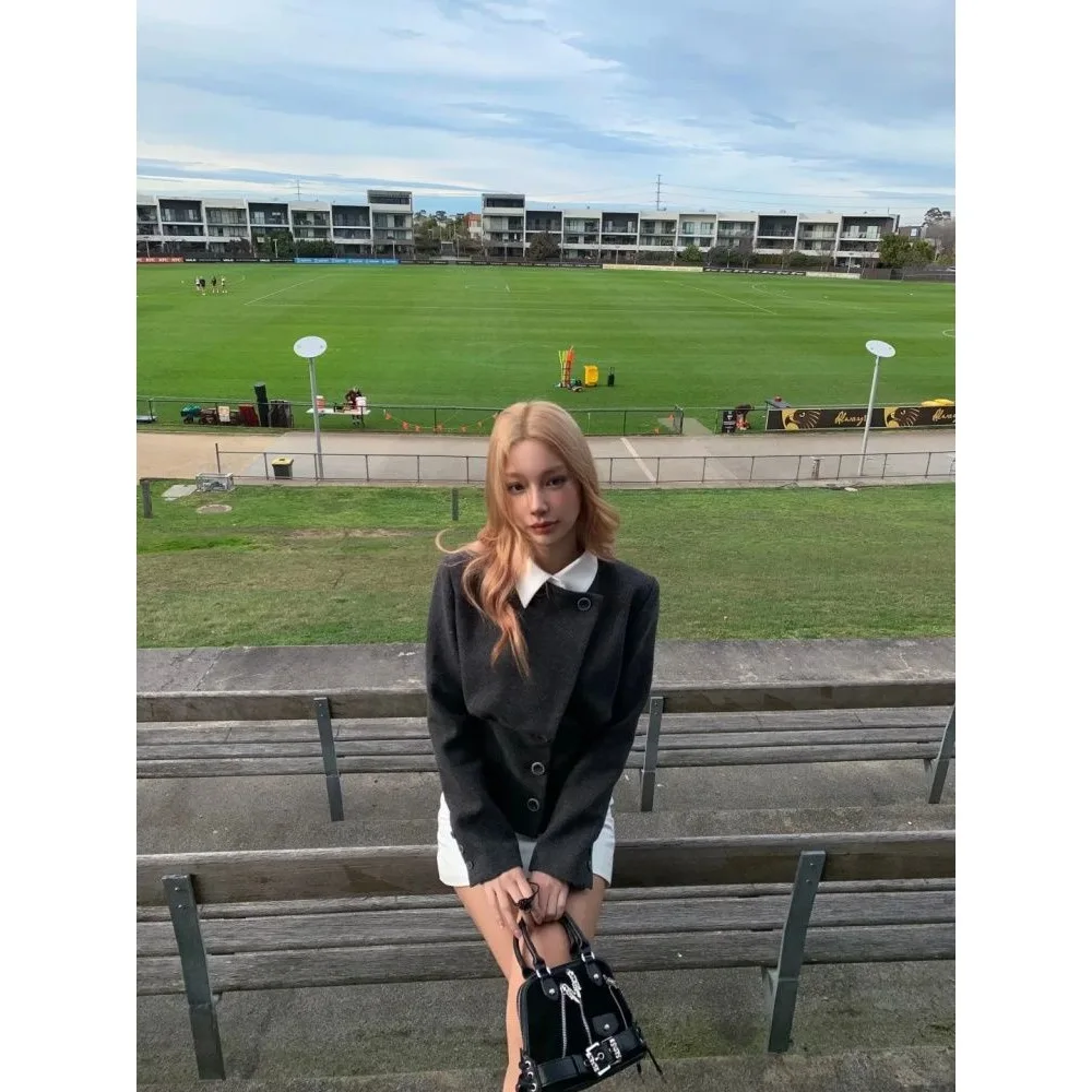 Women Fake Two Pieces Woolen Jacket Short Dress Outfit Suit Autumn Retro Slim Fit Chic Turn-Down Lapel Two-Piece Suits