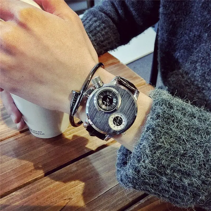 Luxury Quartz Men's Watches Punk Style Dual Dial Business Men Wristwatch Stainless Steel Strap Waterproof Military Watch