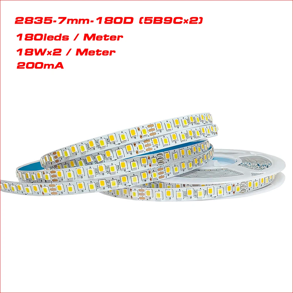 Highlight 5meters 2835-180D 5B9C×2 200mA SANAN Chip Constant Current LED Strip 18W×2/Meter 3colors Work with LED Driver