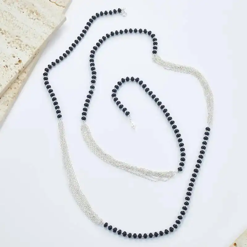 Black Agate Beads Spaced 925 Sterling Silver Multi Chains Necklaces French Style Simple Chic 90cm Sweater Necklace 2023 New Gift