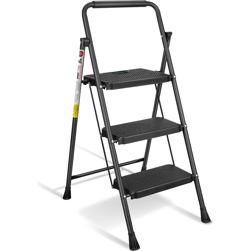 

3 Step Ladder, Heavy Duty Foldable Step Stool, Portable Steel Folding Stool with Wide Anti-Slip Steps and Handgrip