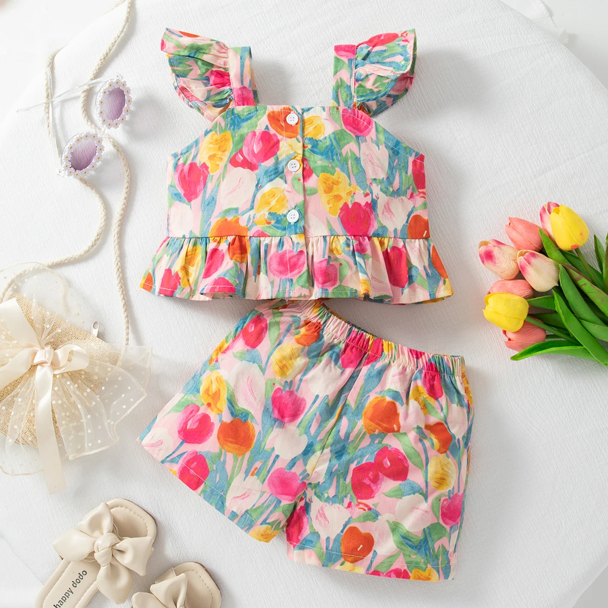 Summer Small Flying Sleeves Children\'S Clothing, New Tulip Casual Fashion Baby Girl Two Piece Set (9 Months -3 Years Old)