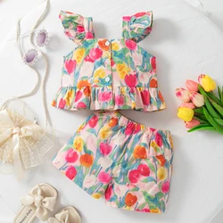 Summer Small Flying Sleeves Children'S Clothing, New Tulip Casual Fashion Baby Girl Two Piece Set (9 Months -3 Years Old)