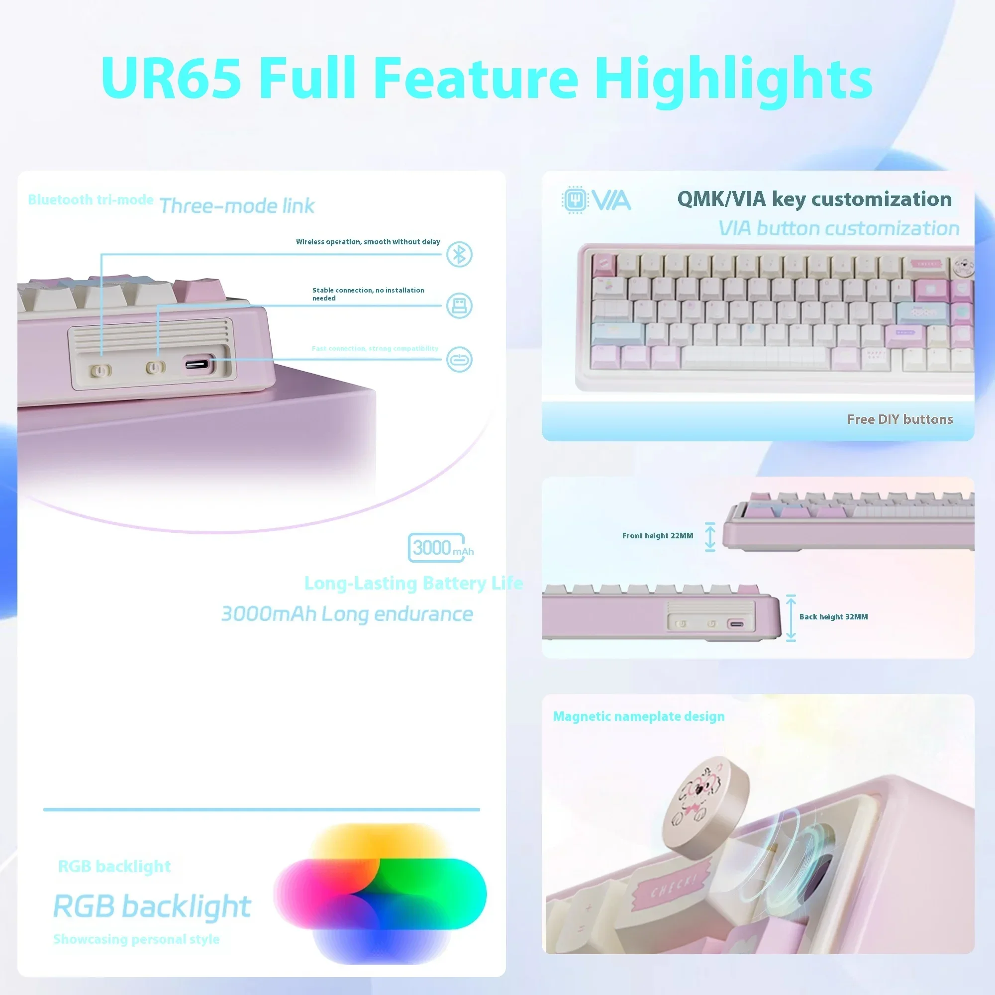 U'Re UR65 Mechanical Keyboard 3mode Wireless Gaming Keyboard Gasket Pc Rgb Support Via Qmk Hot Swap 4 Custom Gamer Accessories