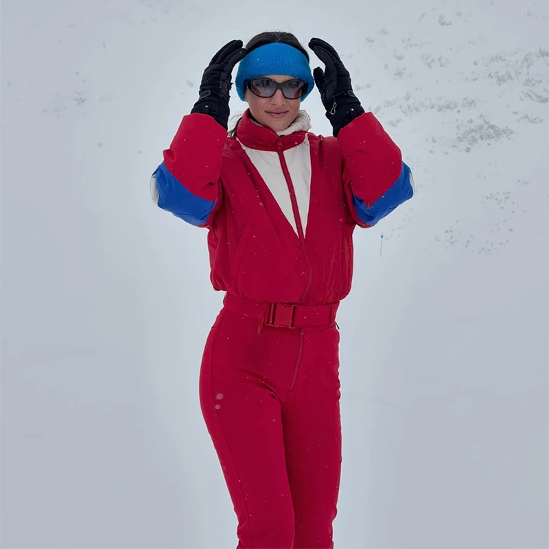 Damen-Skibekleidung, Panel-Design, Stehkragen, lange Ärmel, mit Gürtel, Jumpsuit, Winter, Damen, Reißverschluss, schmal geschnitten, Herbst/Winter, warm, Sportbekleidung, Neu – Detail 20