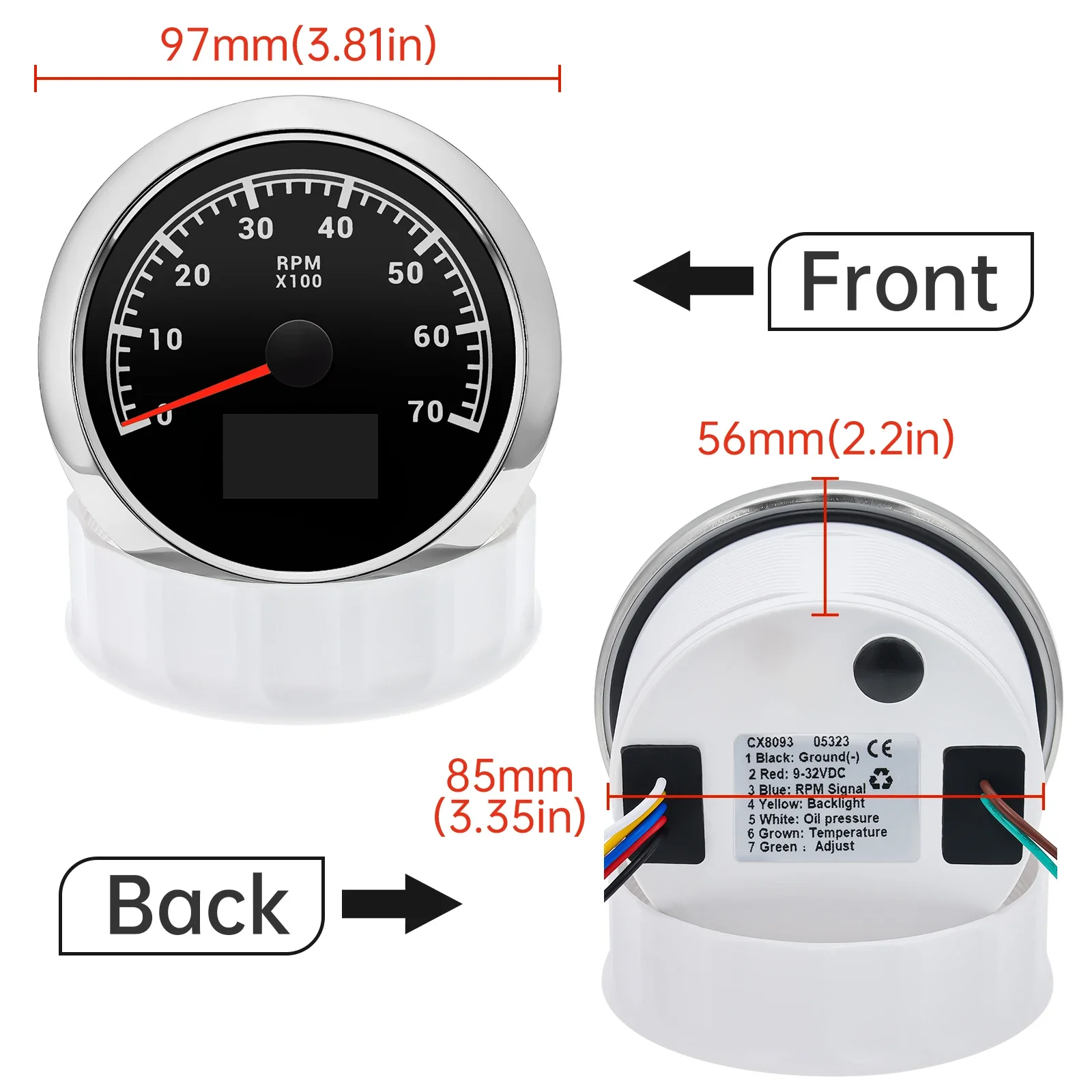 85mm 3000-8000rpm Tachometer +Water Temperature Gauge +Oil Pressure Meter 7 Color Backlight For Car Marine Boat 12V 24V